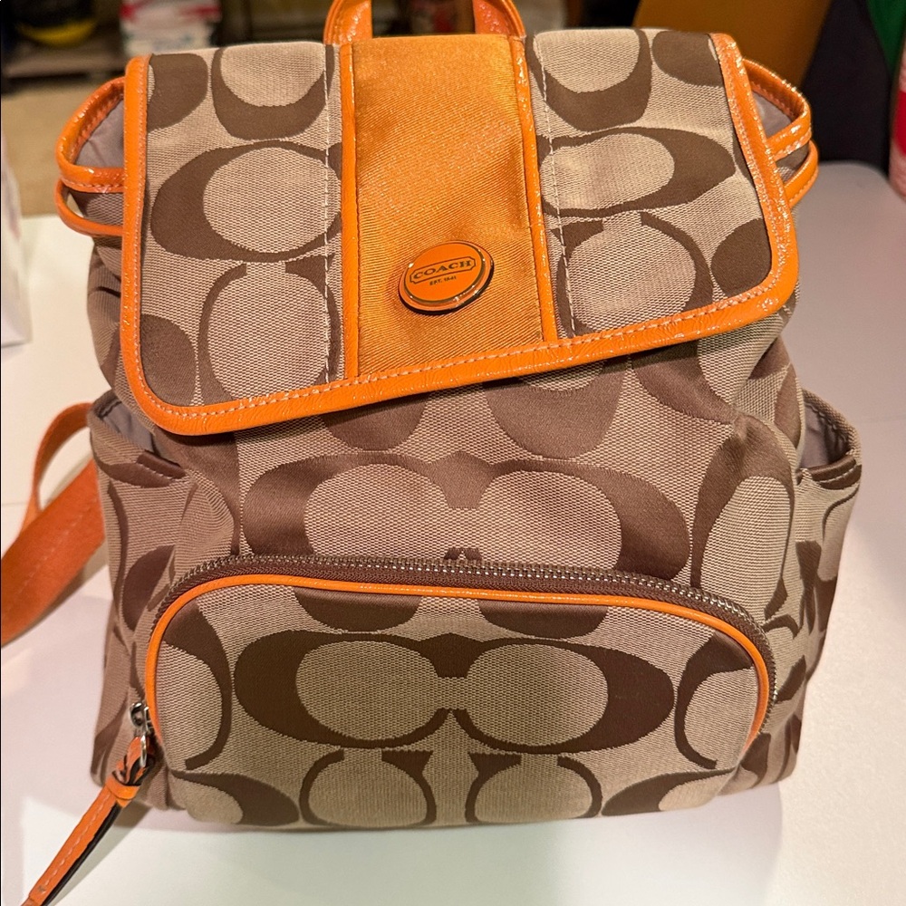 Coach signature fabric backpack w/orange patent leather trim Great condition! - Picture 3 of 9